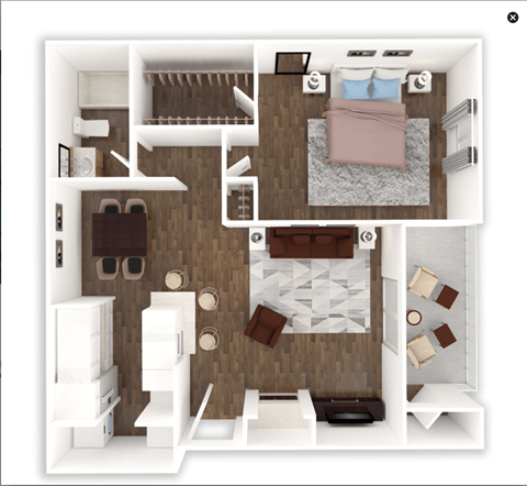 A top-down view of a small apartment with a bedroom, living room, and kitchen.